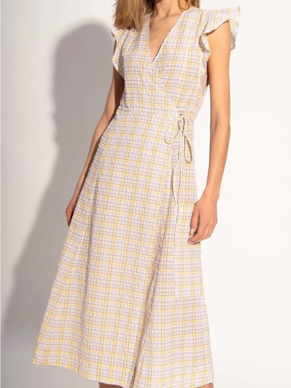 Ganni Yellow and White Plaid Midi Dress